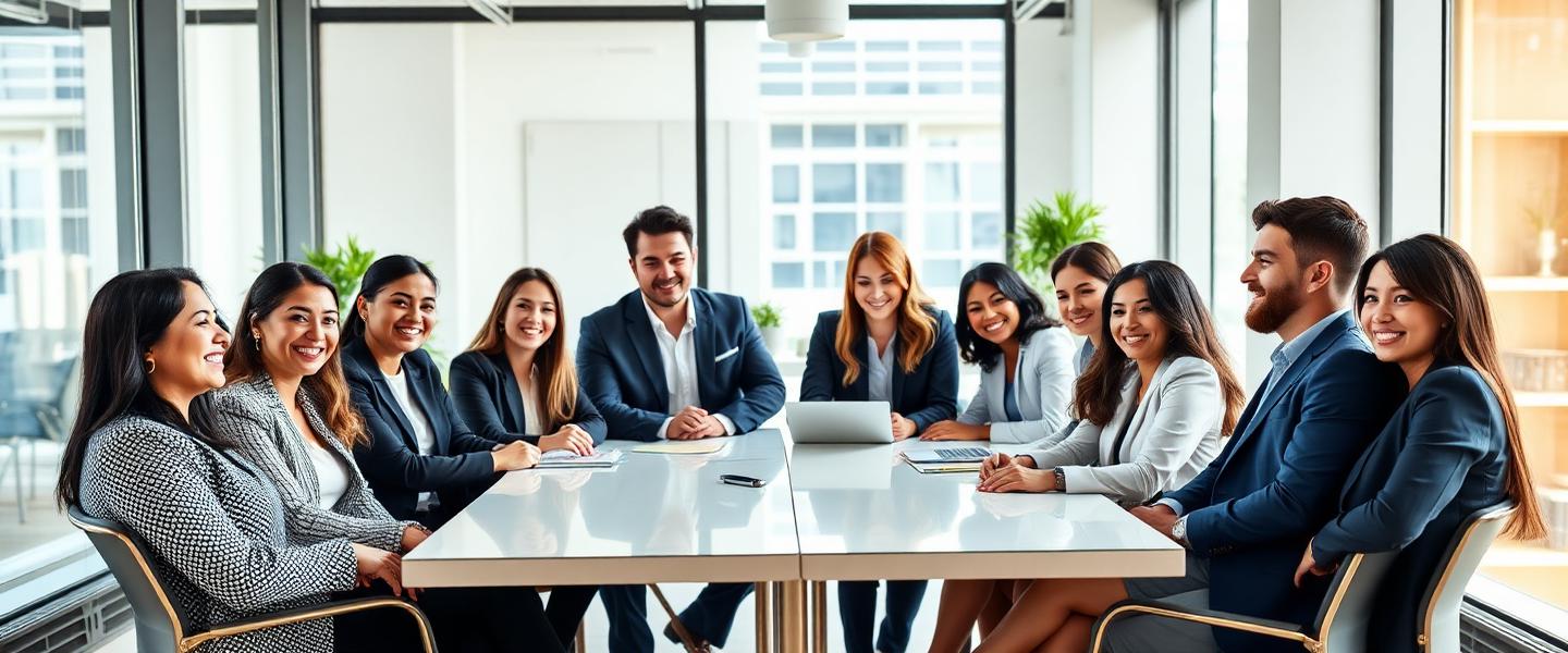 Team of insurance sales professionals meeting in a modern office